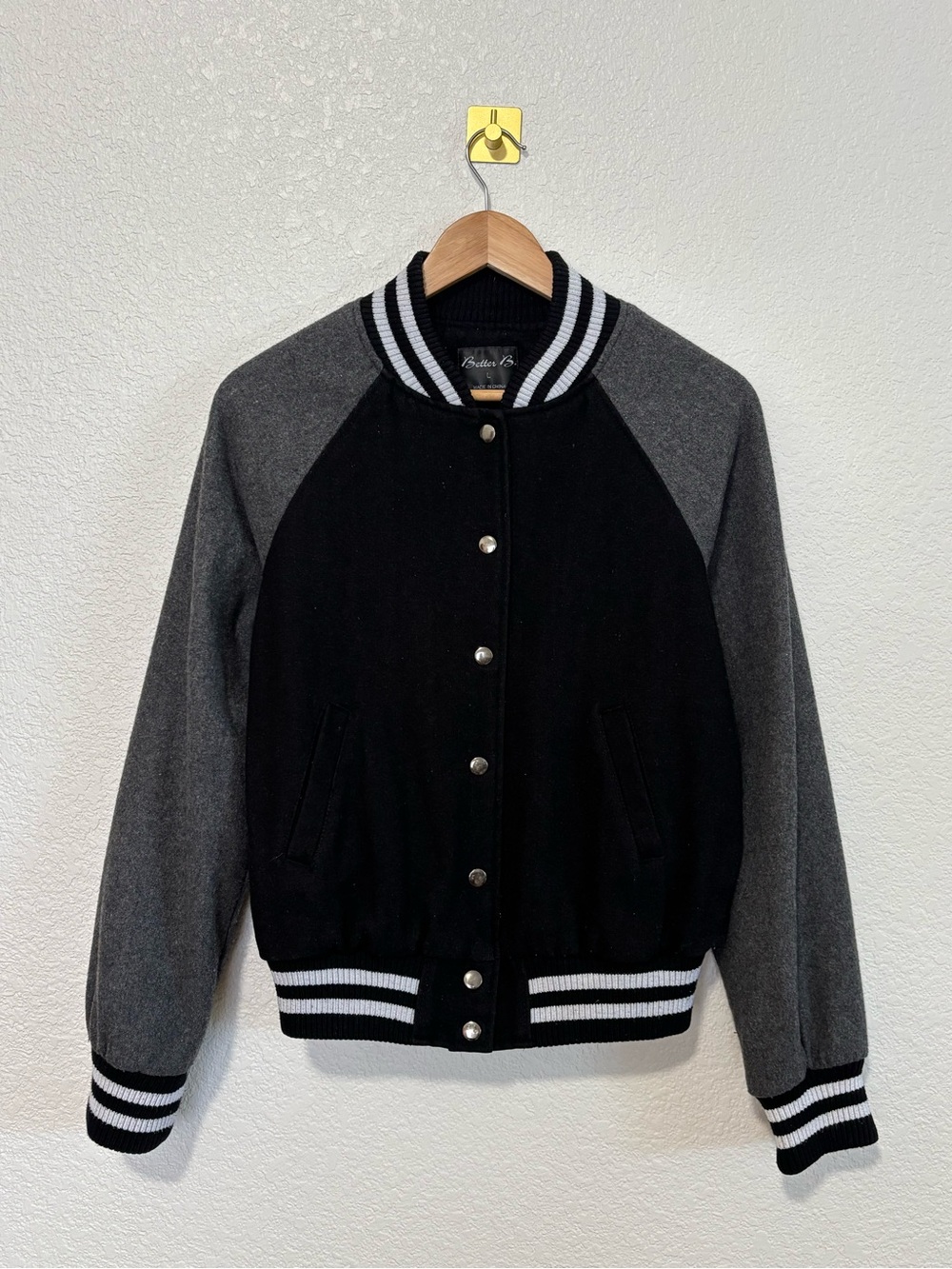 Better B Wool Blend Varsity Bomber Jacket Women’s Large Black Gray